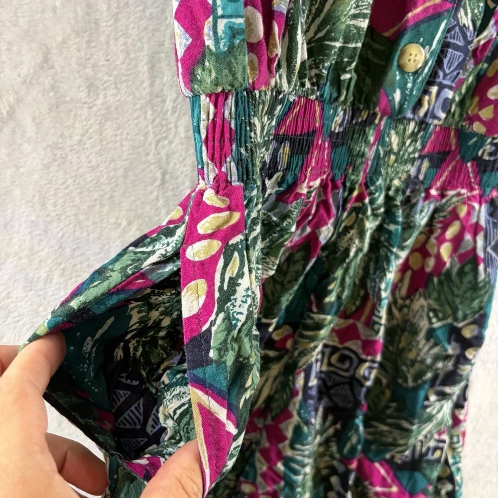 Vintage 90s CA Sport Tropical Romper Sz M Rayon Button Front Elastic Waist